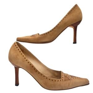 Manolo Blahnik Vintage Tan Suede Geometric Pointed Toe Heels 38.5 Italy OldMoney